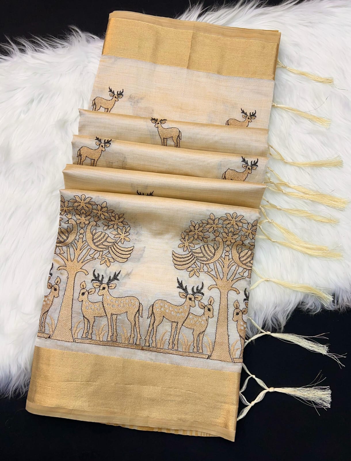 Elegant Golden Beige Tissue Silk Saree with Elegant Deer & Forest Embroidery