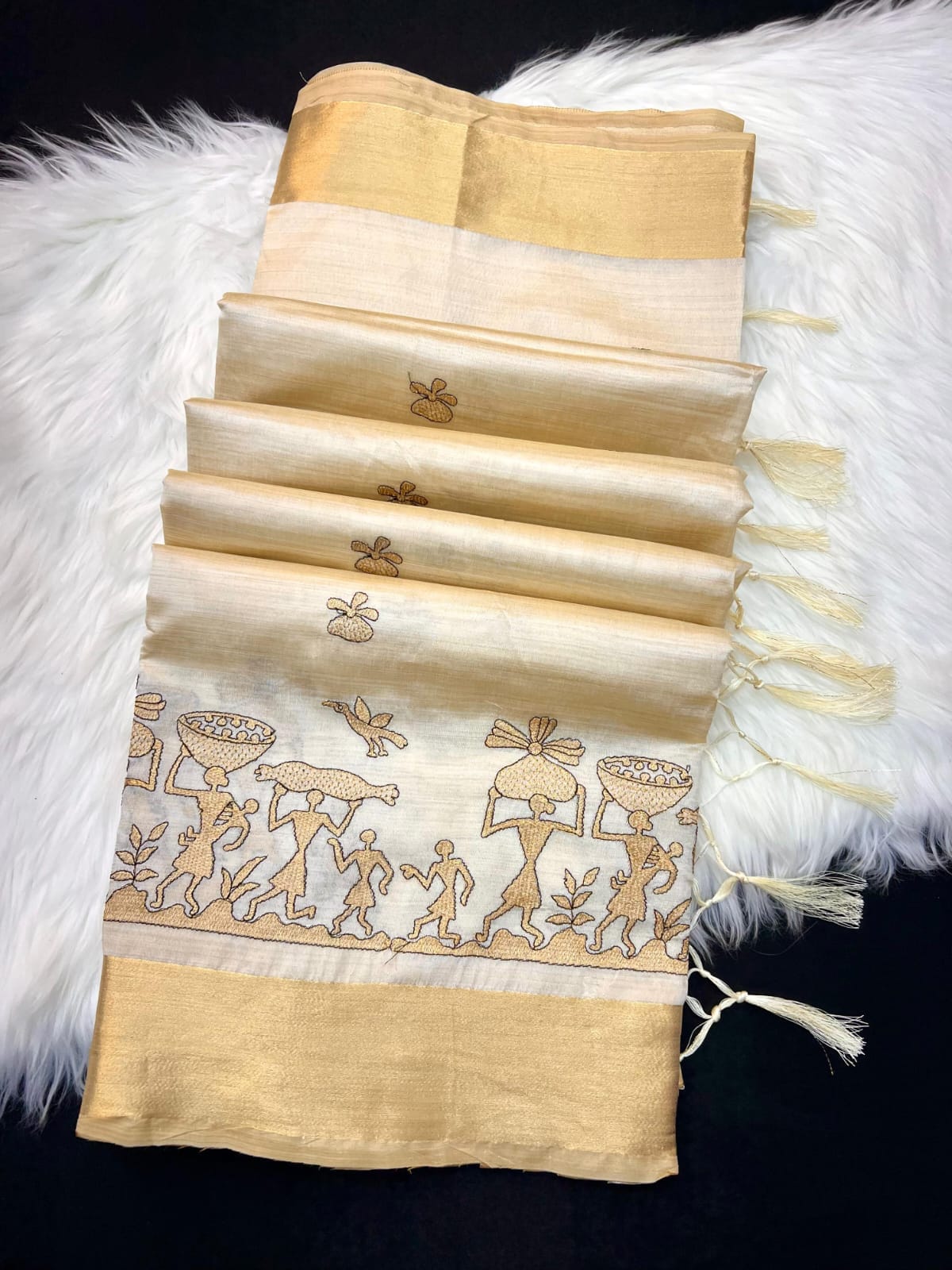 Elegant Golden Beige Tissue Silk Saree with Tribal Art Embroidery Design