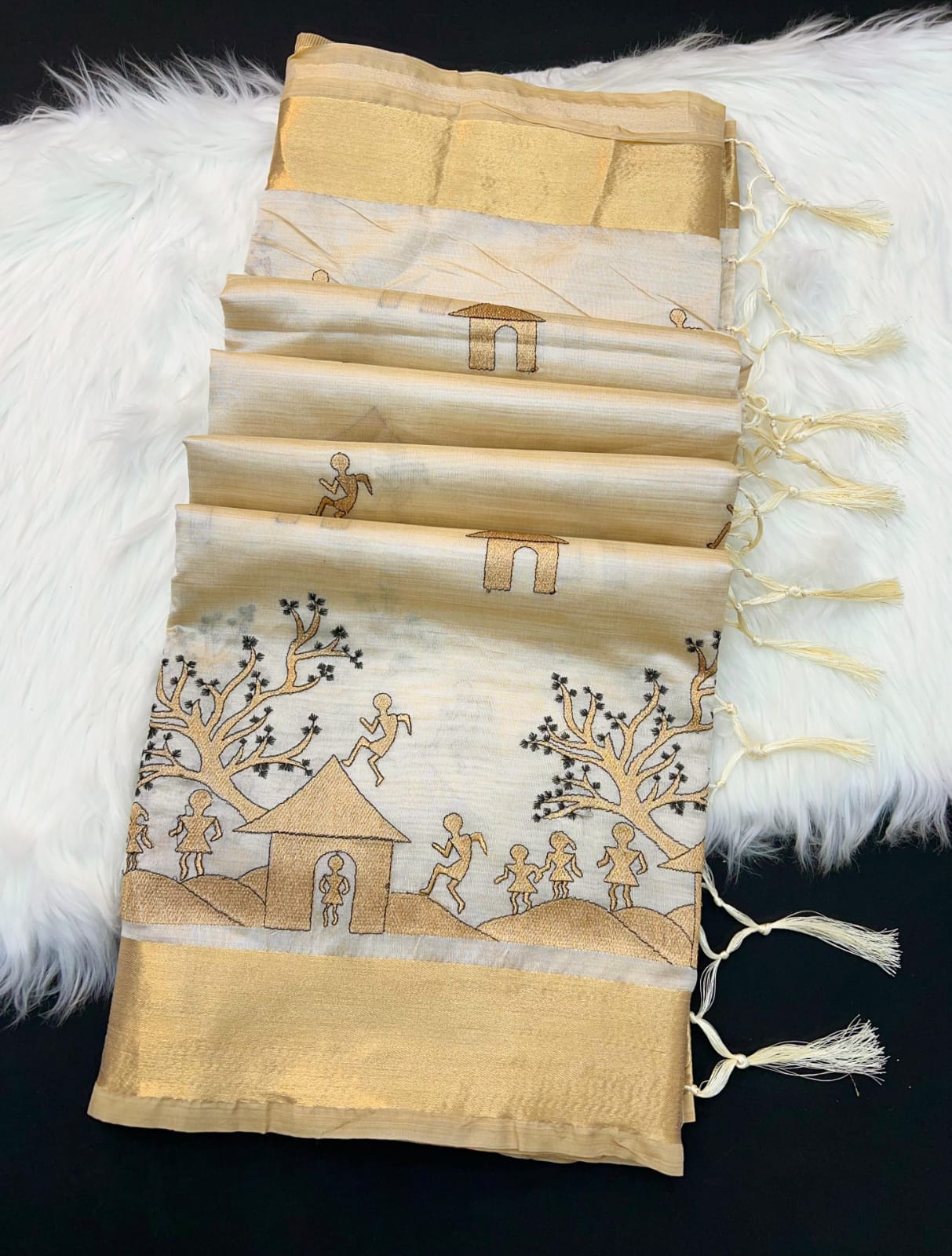 Elegant Golden Beige Tissue Silk Saree with Tribal Village Dance Embroidery