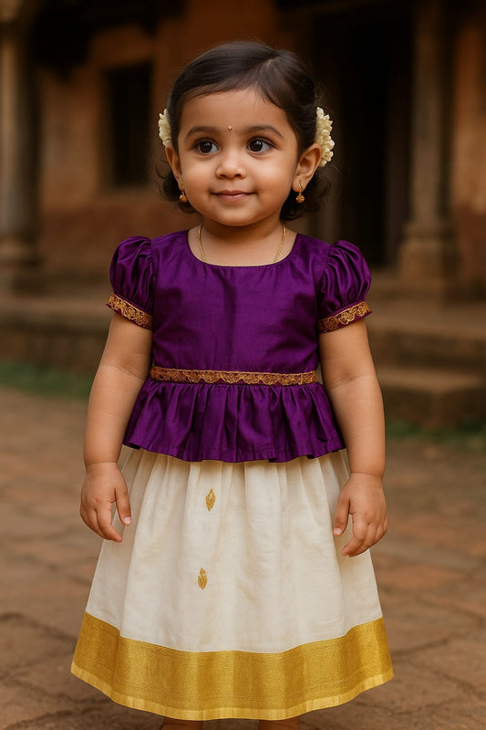 Traditional Silk Pavadai Set for Baby Girls – Purple & White
