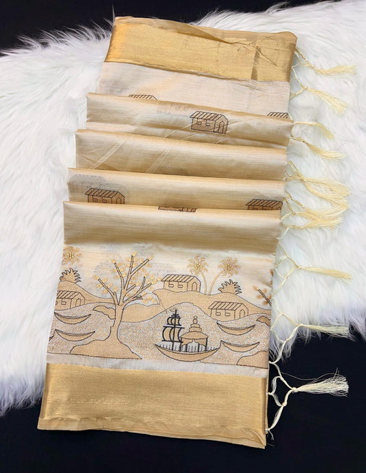 Elegant Golden Beige Tissue Silk Saree with Village & Boat Weaving Design