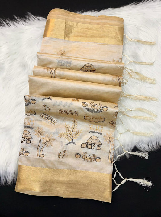 Elegant Golden Beige Tissue Silk Saree with Village & Camel Embroidery