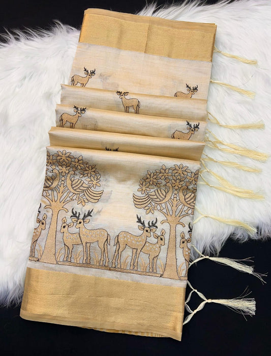 Elegant Golden Beige Tissue Silk Saree with Elegant Deer & Forest Embroidery