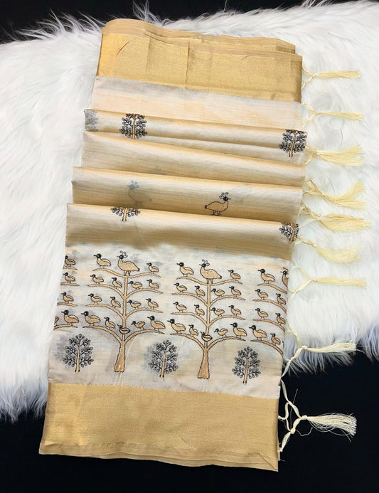 Elegant Golden Beige Tissue Silk Saree with Peacock & Tree Embroidery Design
