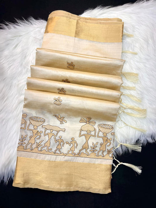 Elegant Golden Beige Tissue Silk Saree with Tribal Art Embroidery Design