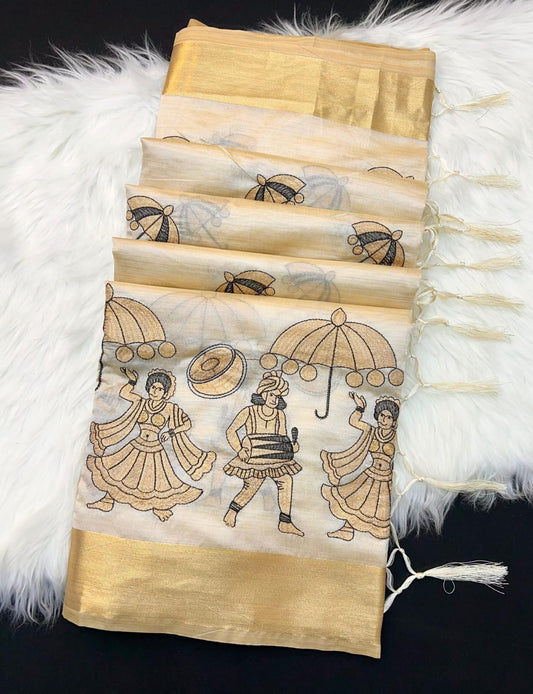 Elegant Golden Beige Tissue Silk Saree with Traditional Dance & Umbrella Embroidery