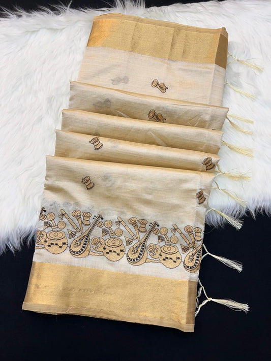 Elegant Golden Beige Tissue Silk Saree with Musical Instrument Embroidery Design