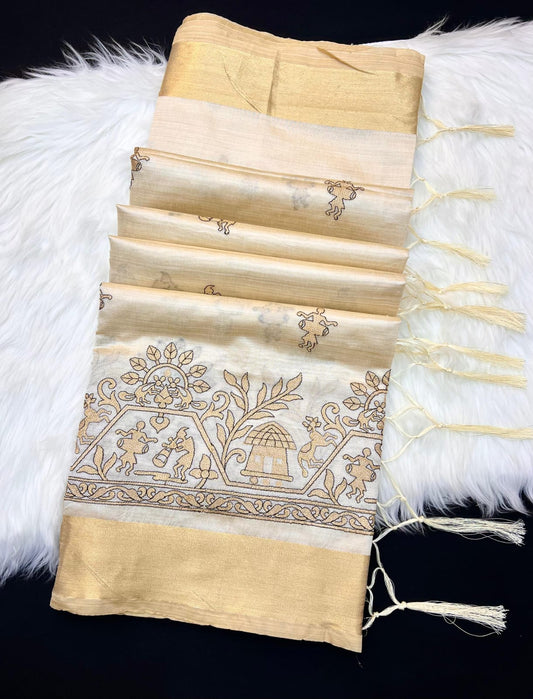 Elegant Golden Beige Tissue Silk Saree with Traditional Tribal & Floral Embroidery