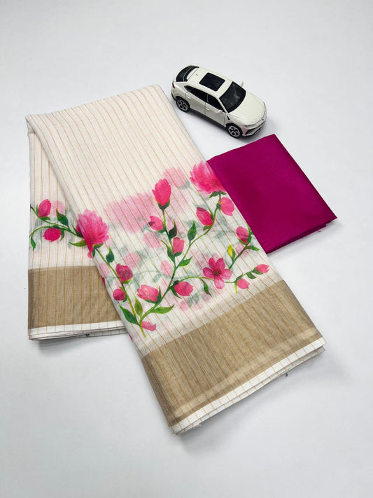 Classic White Linen saree With Vibrant Pink Louts Print
